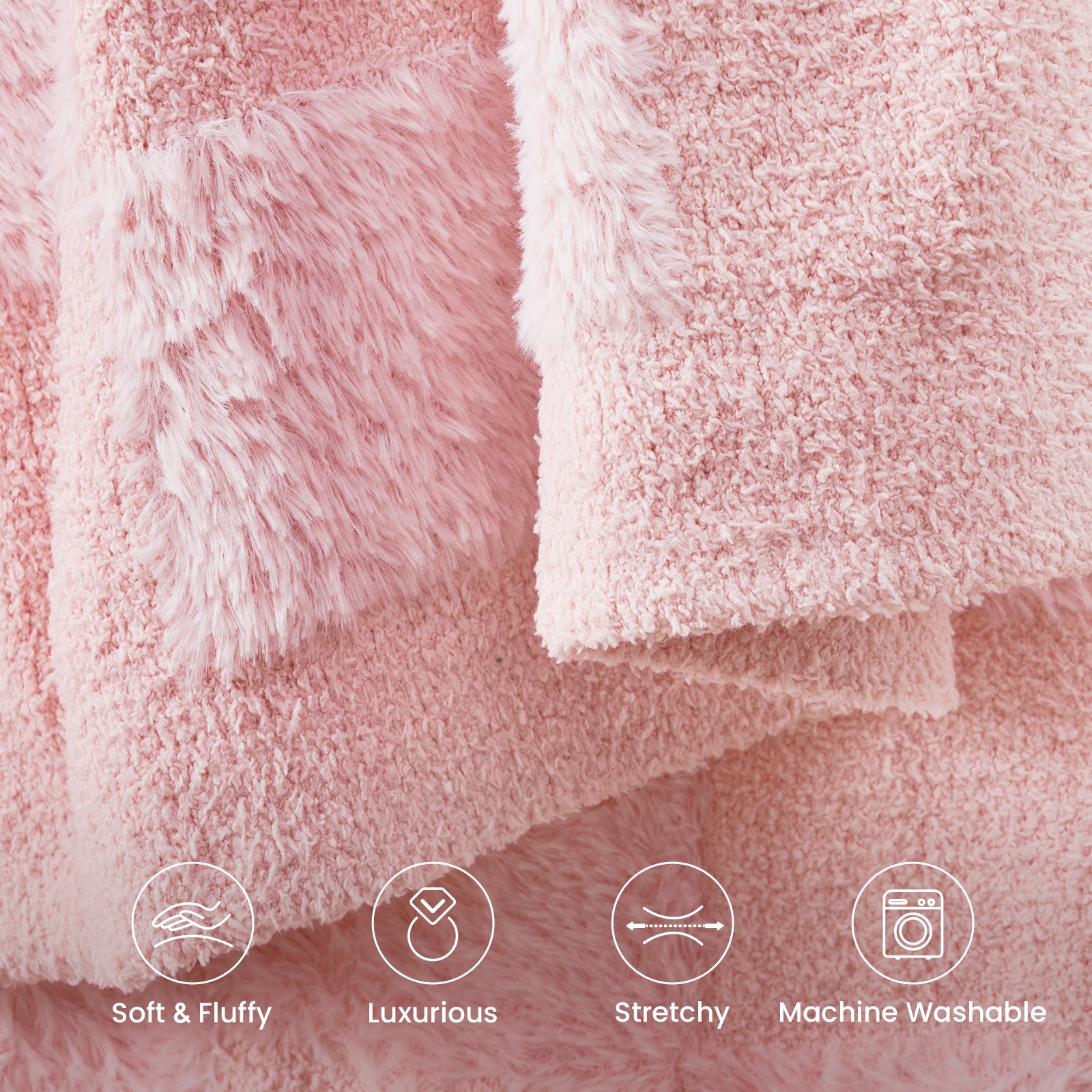 Close-up of Checkered Faux Fur Feather Yarn Throw Blanket in Pink showcasing ultra soft faux fur texture with lightweight, stretchy and machine washable features. #Color_Pink
