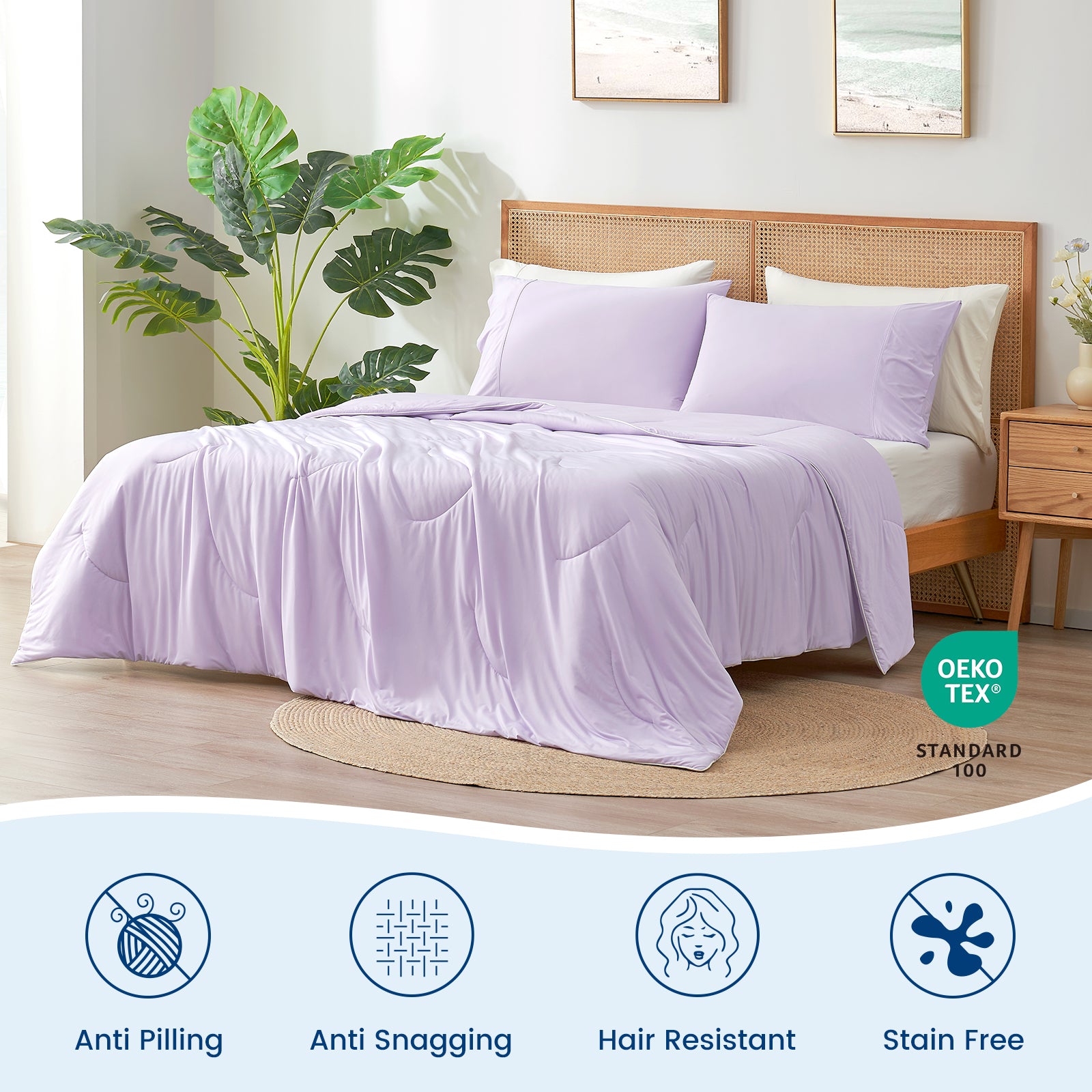 Cozy Bliss lavender cooling comforter set on bed, breathable and cool sleep, OEKO-TEX certified #Color_Lavender Purple