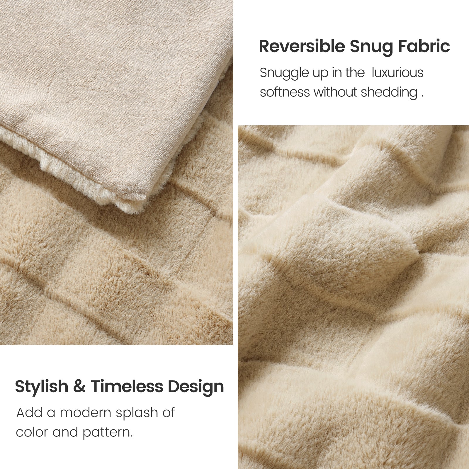 Beige faux fur throw blanket with a cross-striped design, soft and stylish. Cozy bedding for living room. #color_Beige