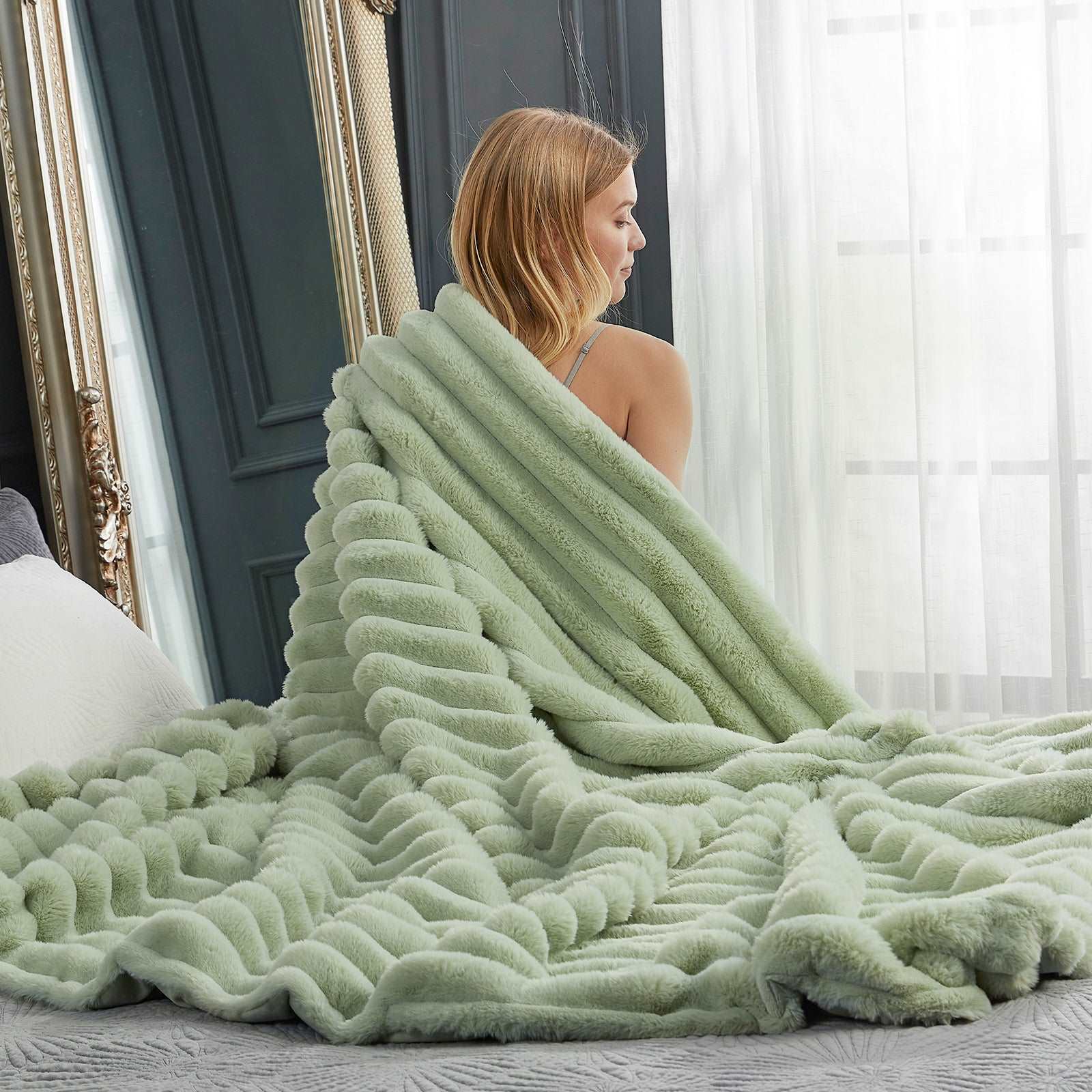 Sage green striped faux fur blanket, ultra-soft cozy blanket for comfortable relaxation, cozy bedding. #color_Sage Green