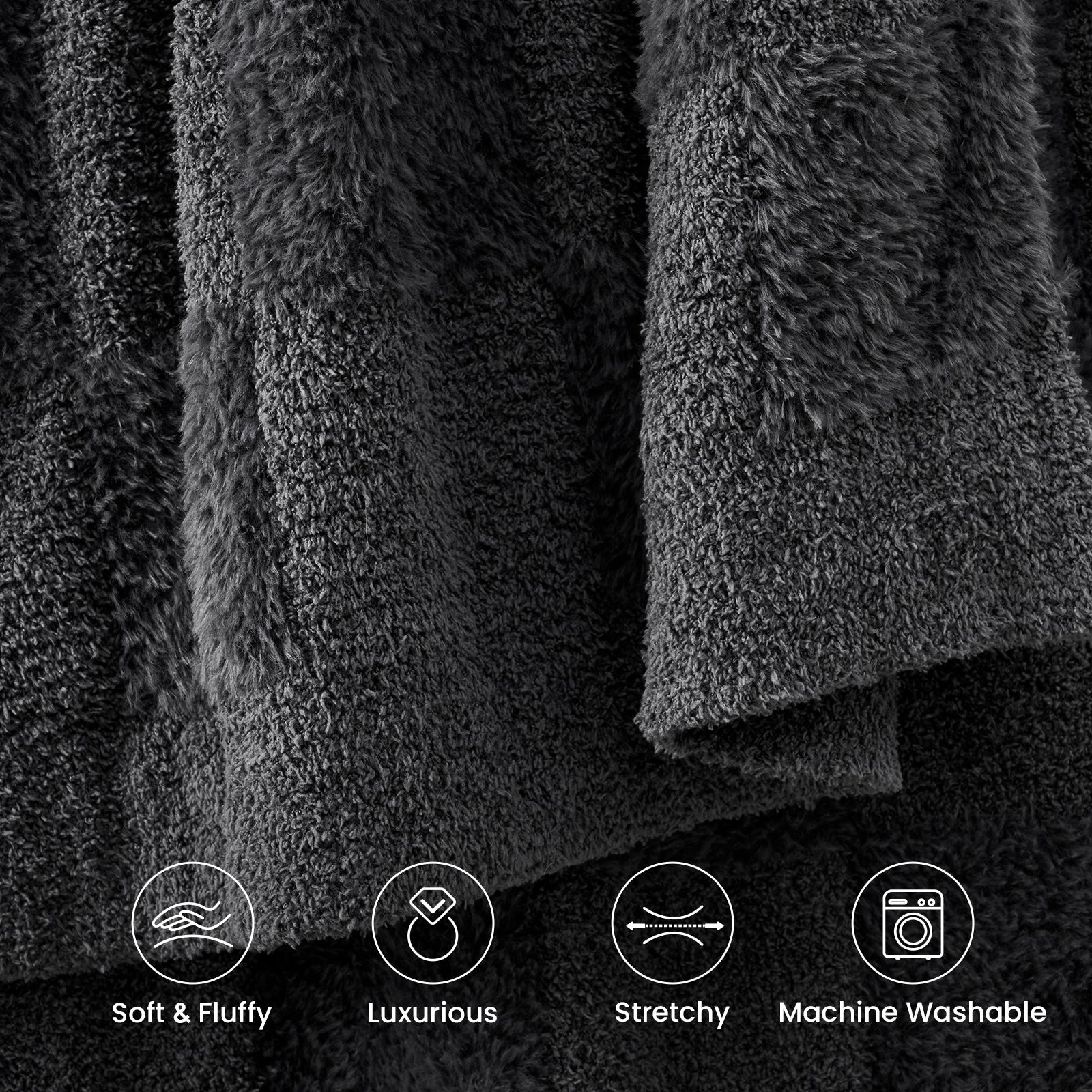 Close-up of Checkered Faux Fur Feather Yarn Throw Blanket in Dark Grey showcasing ultra soft faux fur texture with lightweight, stretchy and machine washable features. #Color_Dark Grey