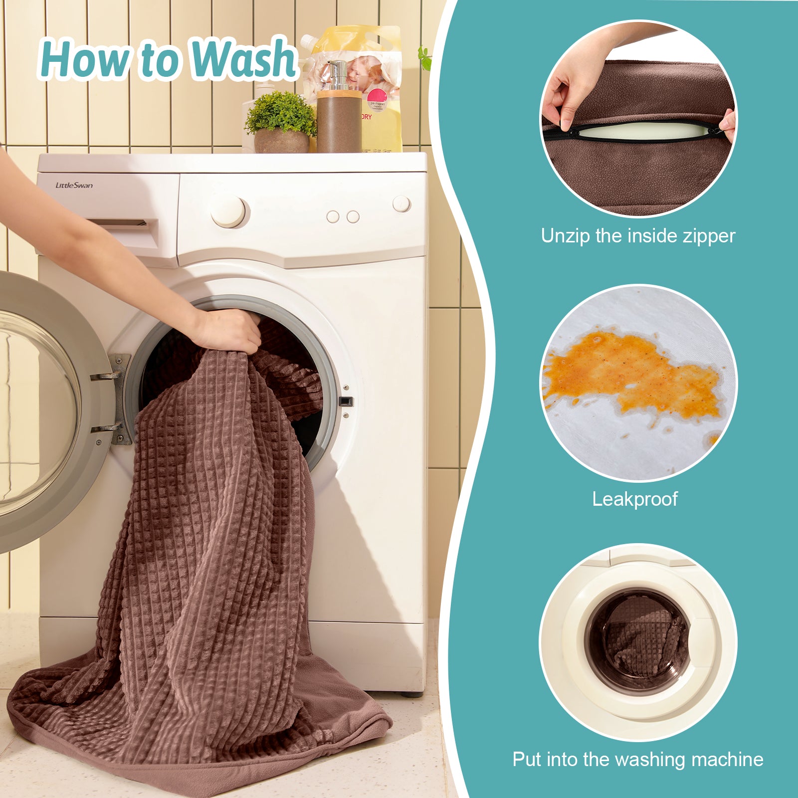 Person washing a brown pet bed cover in a washing machine with instructions on how to wash it. #Color_Brown
