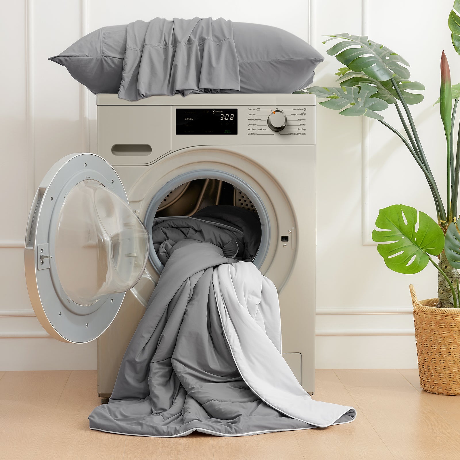 Gray cooling comforter and sheet in washing machine, easy to wash. Perfect for a refreshing sleep. #Color_ Dark/Light Grey