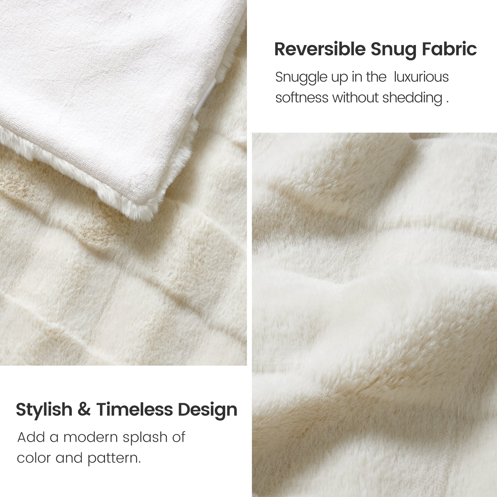 Creamy white faux fur throw blanket, reversible, stylish design, perfect for cozy bedrooms #color_Cream White