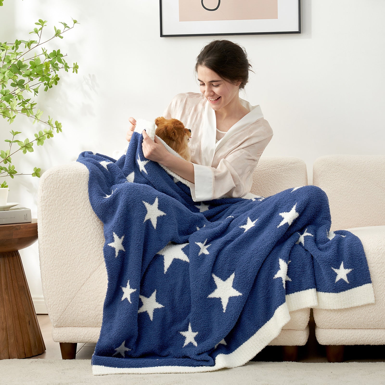 Reversible Star Feather Yarn Knit Throw Blanket