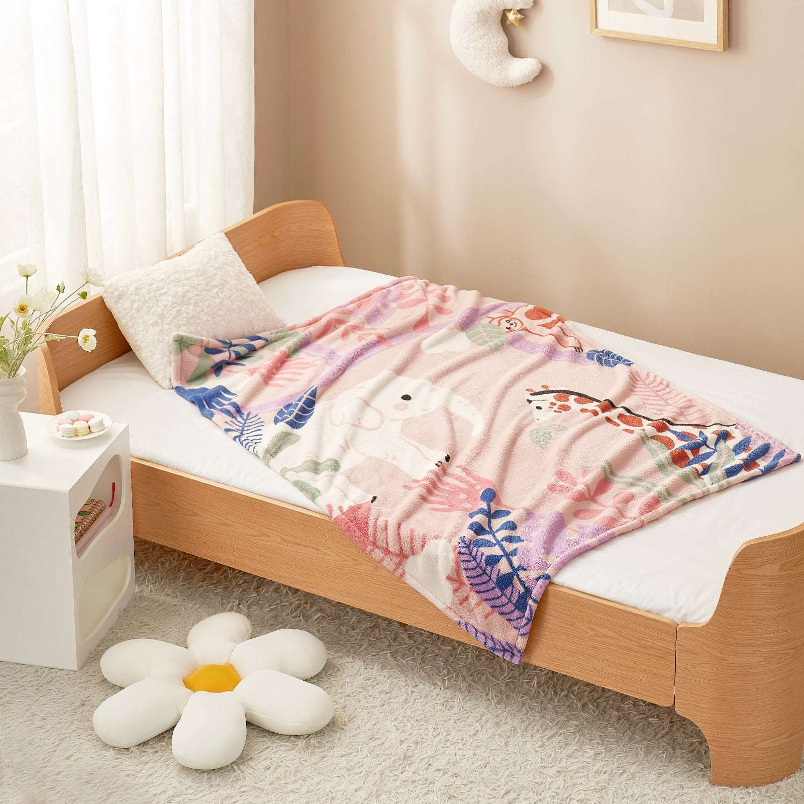 Children's printed fleece throw blanket in kids bedroom, featuring jungle animal pattern #color_Jungle Rhapsody