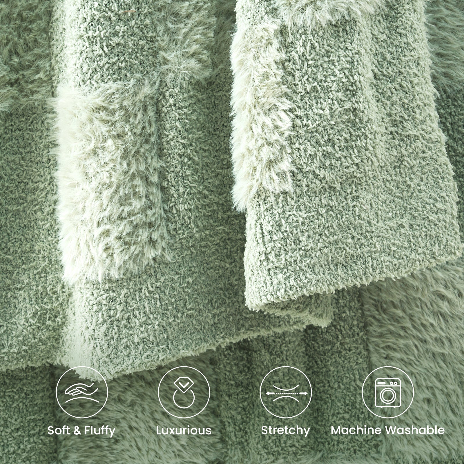 Close-up of Checkered Faux Fur Feather Yarn Throw Blanket in Sage Green showcasing ultra soft faux fur texture with lightweight, stretchy and machine washable features. #color_Sage Green