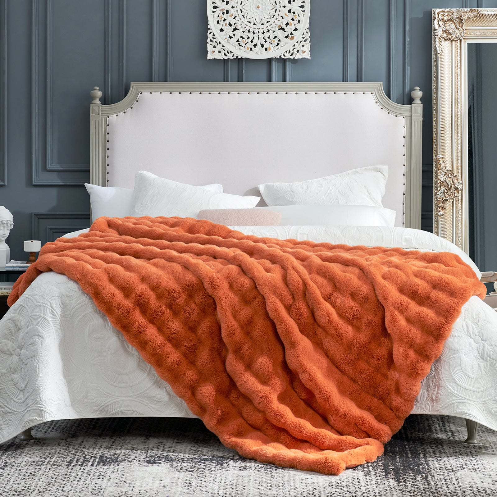 Orange Cozy Bliss Bubble Faux Fur Throw Blanket on a bed, cozy bedding, premium comforter #color_Burnt Orange
