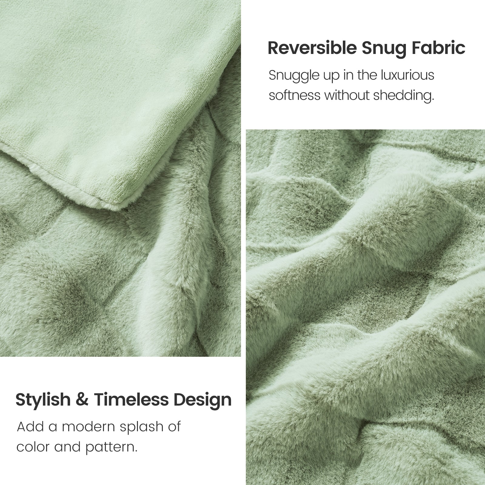 Cozy Bliss sage green faux fur throw blanket, reversible design, ultra-soft, modern home decor #color_Sage Green
