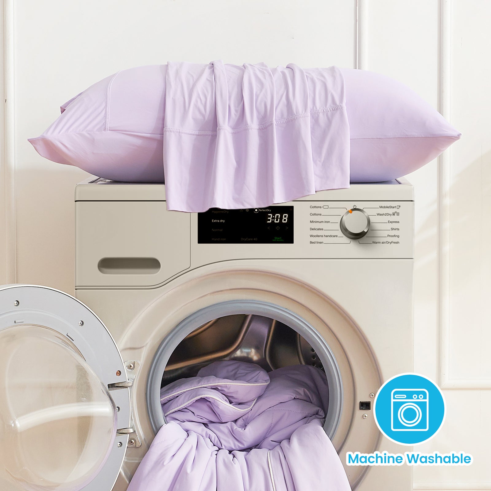 Machine washable light purple cooling pillowcases in the washing machine. Cozy bedding for year-round comfort. #color_Purple