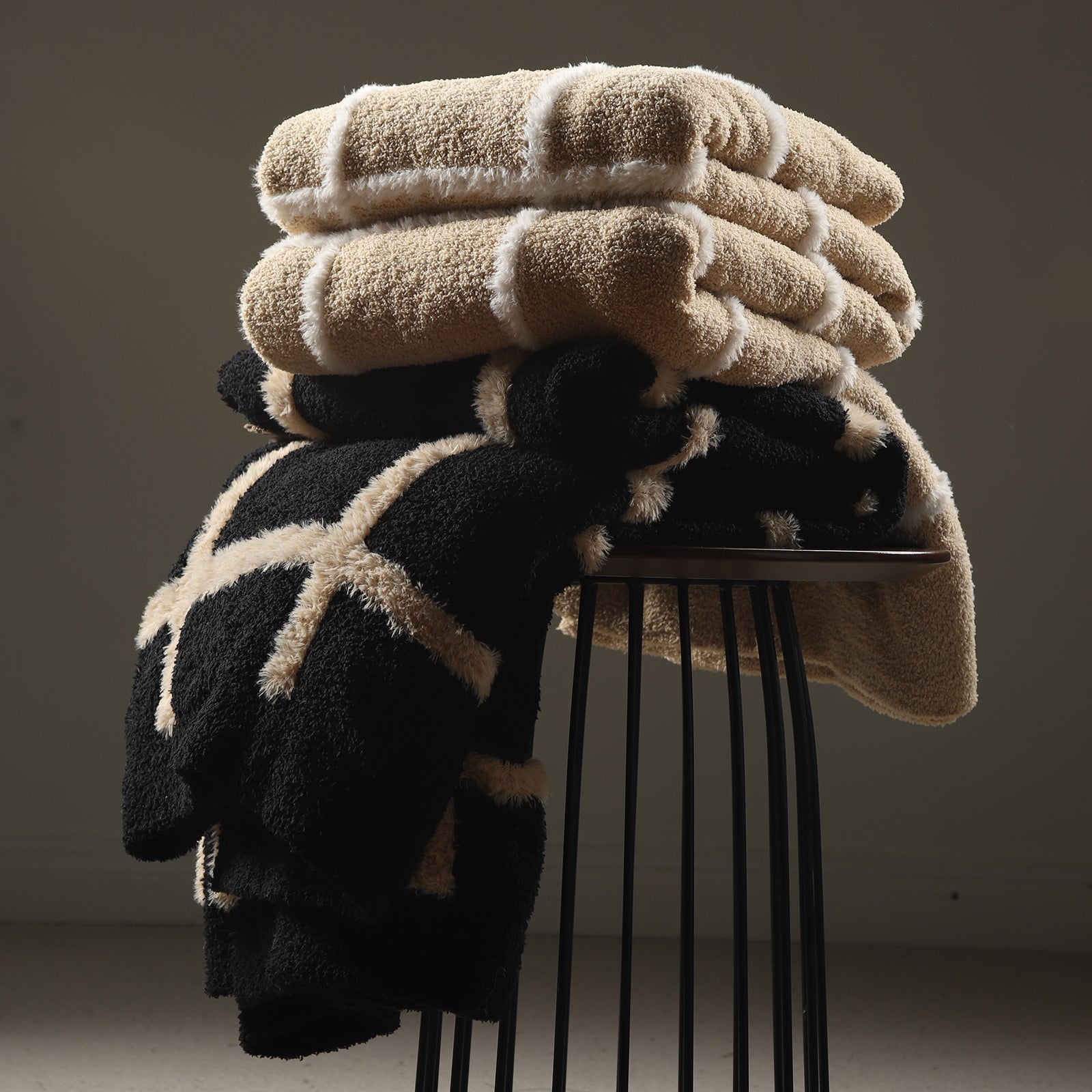 Faux Mink Textured Plaid Knit Throw Blanket