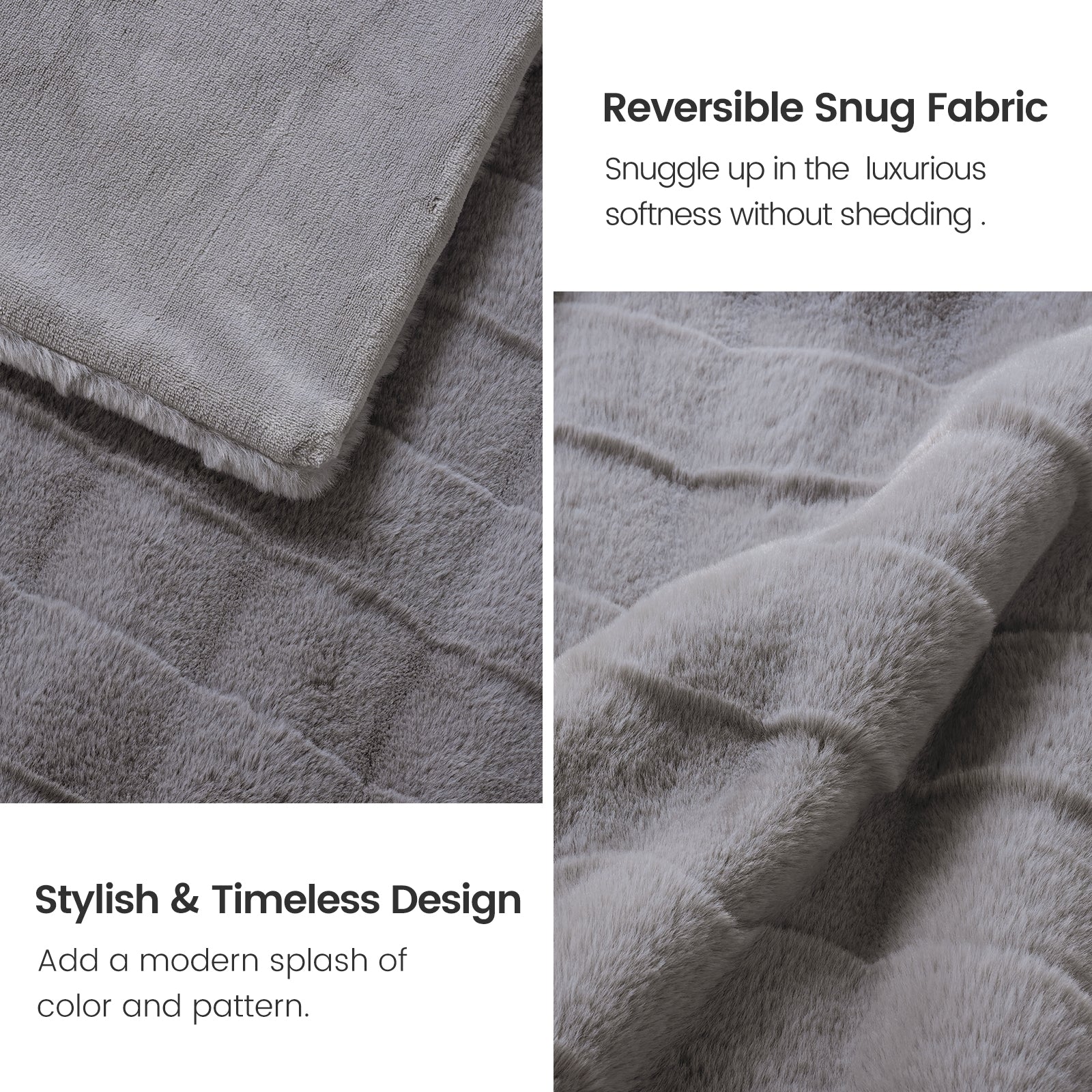 Fuzzy, gray faux fur throw blanket. Ultra-soft, reversible design for cozy comfort and stylish home decor. #color_Grey