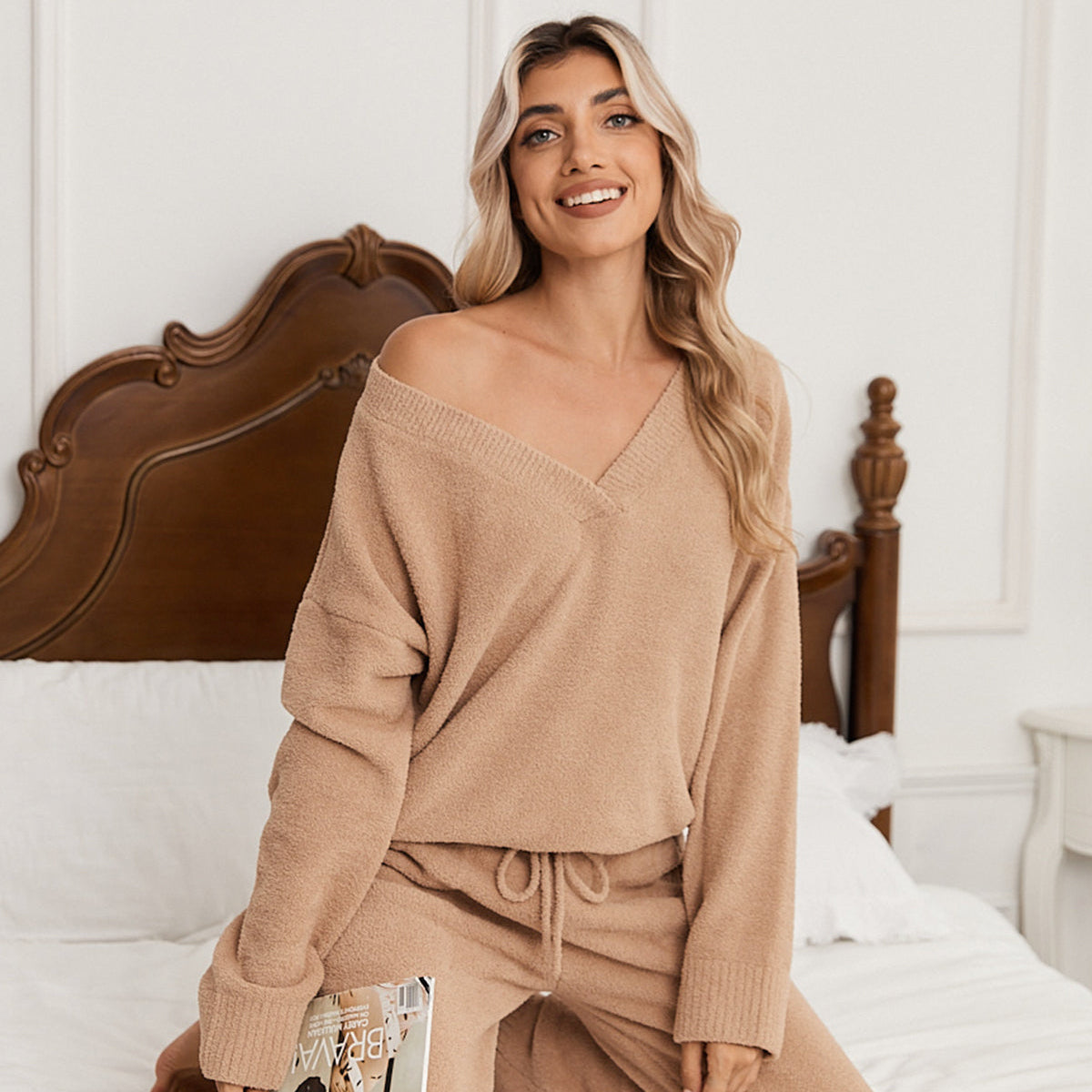 Women V-neck Knit Loungewear Set