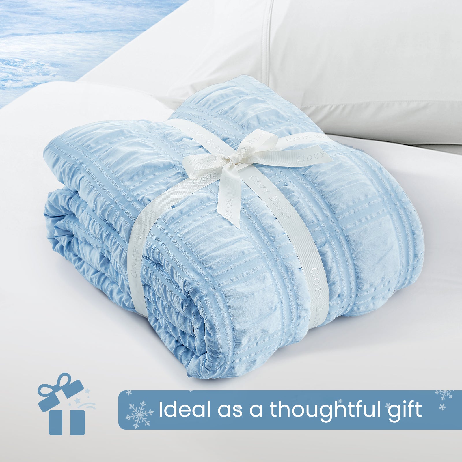 Cozy Bliss blue cooling blanket gift wrapped for special occasions, soft and cozy present idea.#Color_Blue Plaid