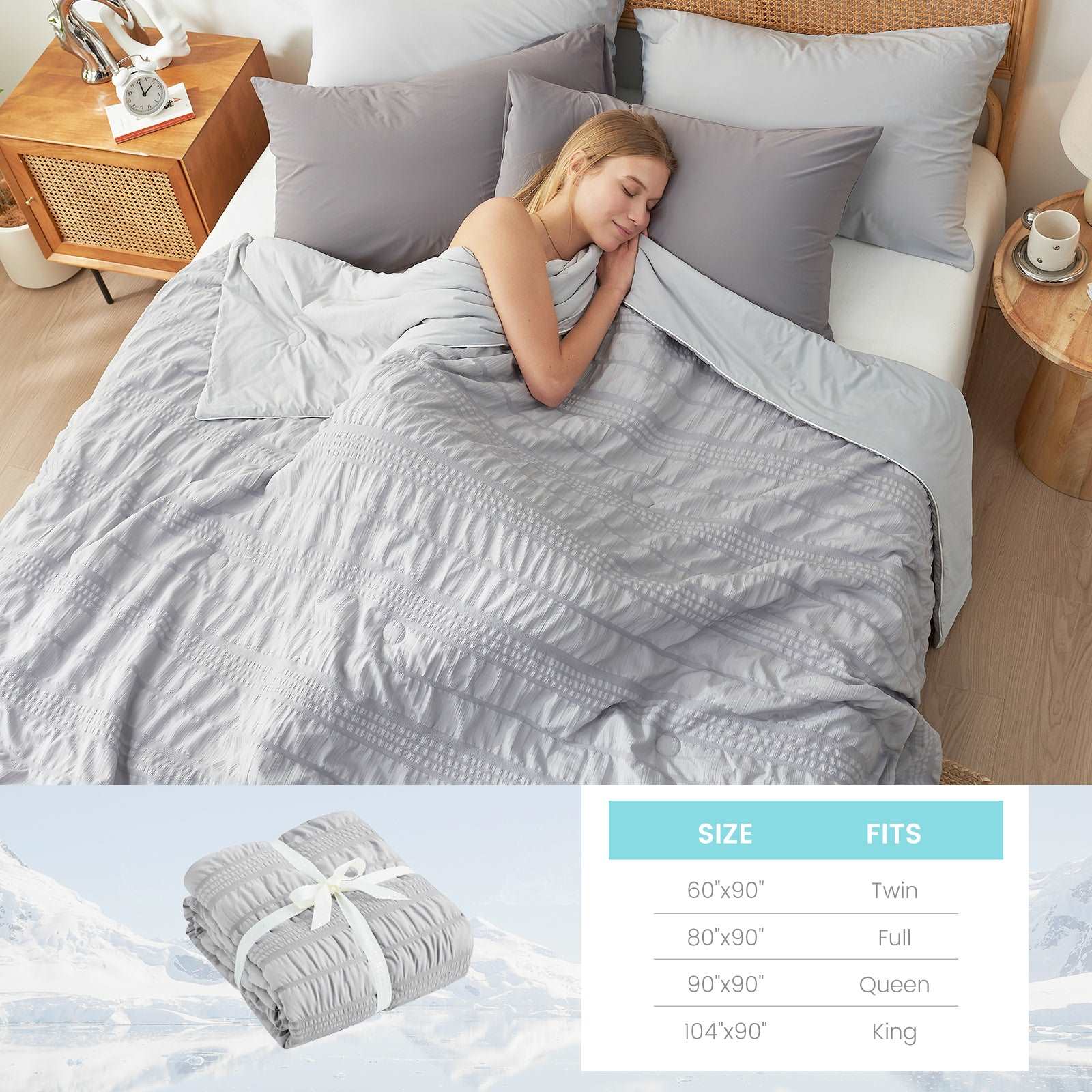 Gray seersucker cooling comforter with woman sleeping. Breathable, cooling blanket, available sizes. #color_Light Grey