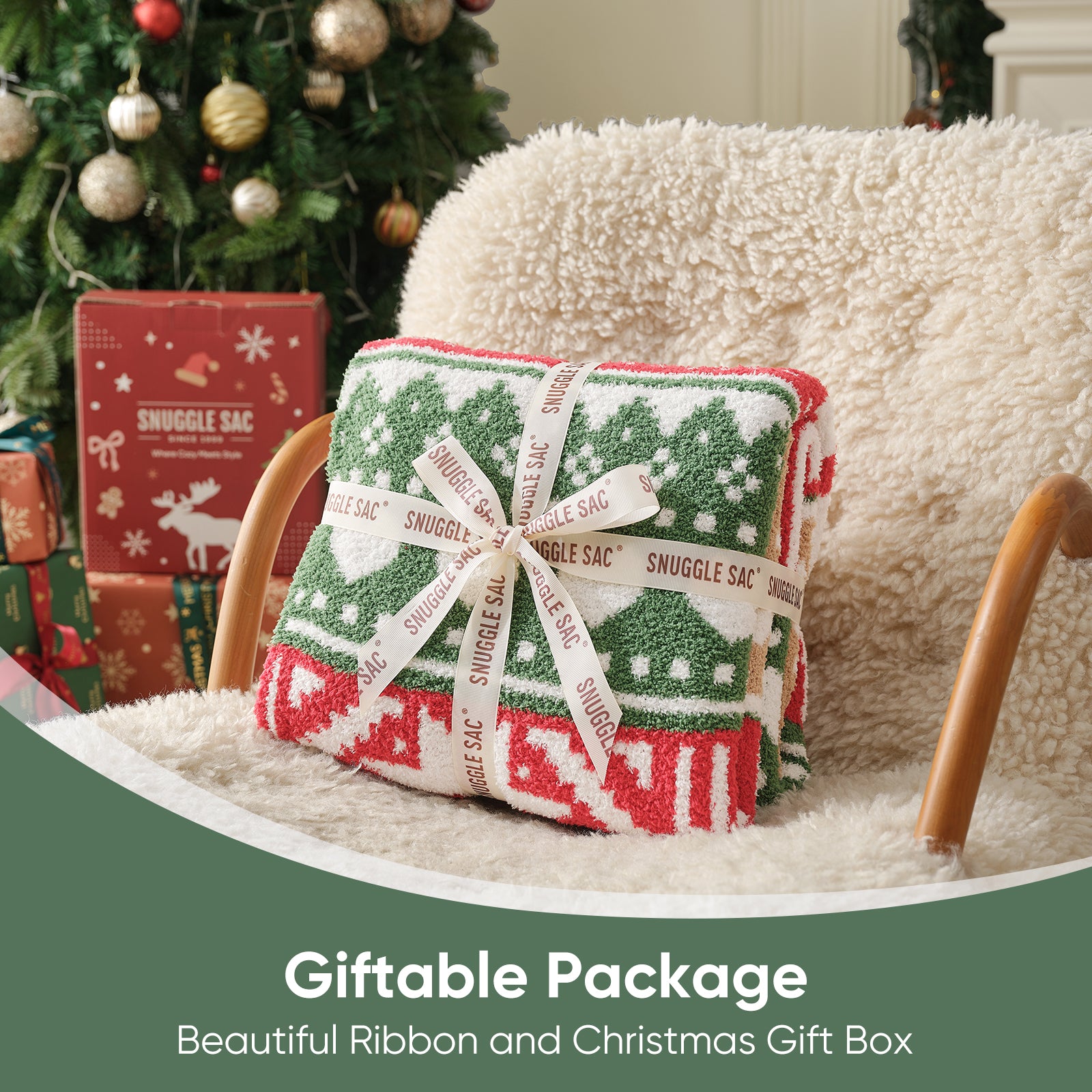 Cozy Bliss x SS Reversible Fairy Isle Reindeer Feather Yarn Throw Blanket