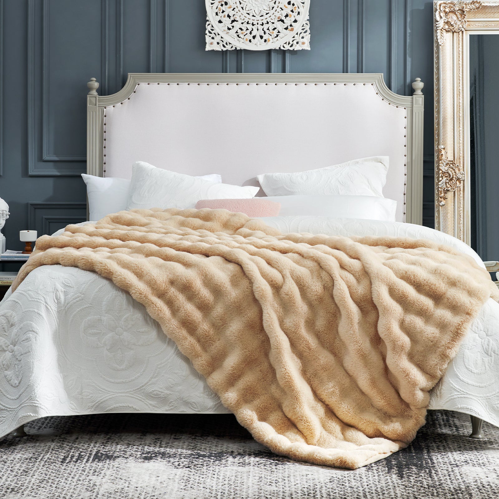 Cozy Bliss beige faux fur throw blanket on bed, soft and cozy, a premium blanket #color_Beige