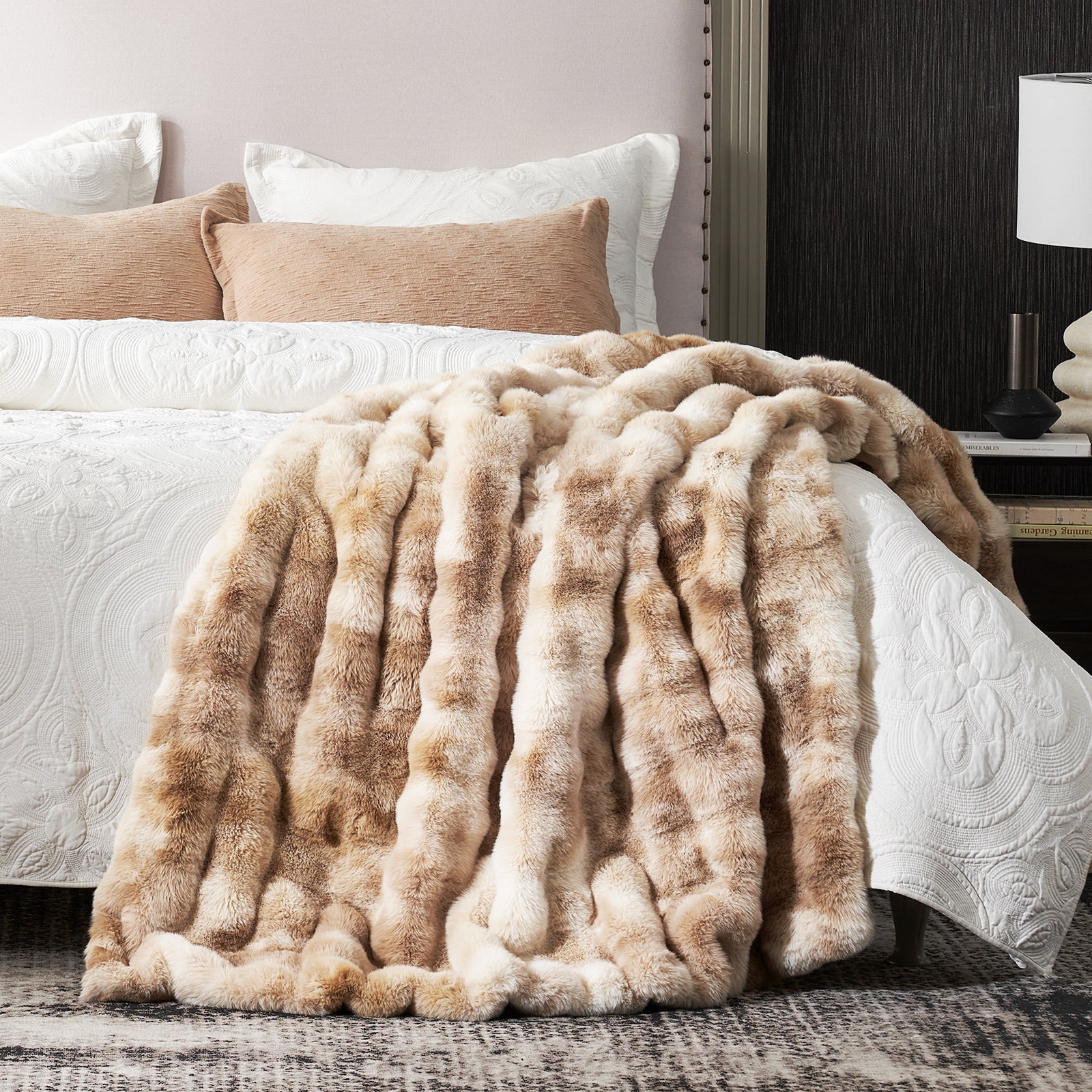 Cozy Bliss Beige Faux Fur Throw Blanket draped on bed, luxurious and soft #Color_Tie-dye Beige