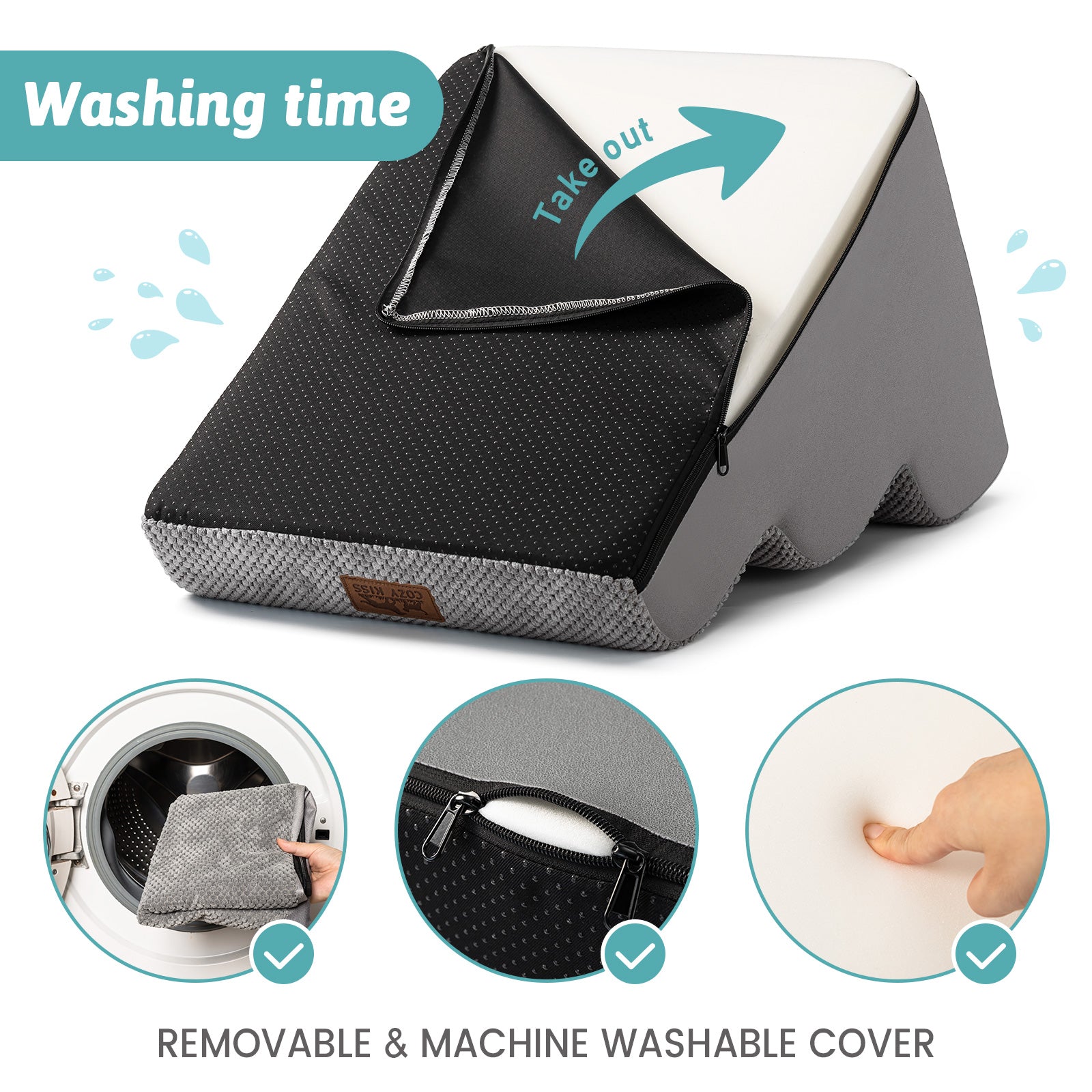 Pet stair with a removable cover, washing instructions, and product features on a white background.#Color_Grey