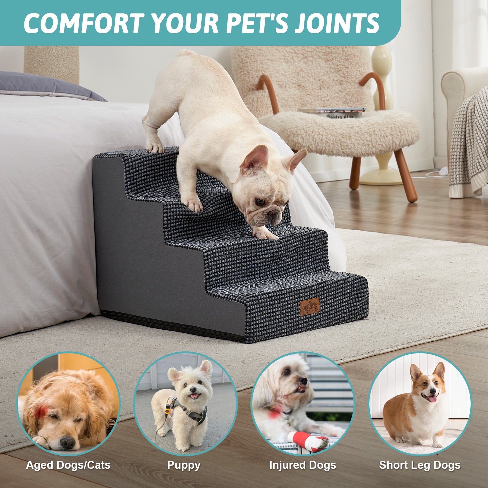 Cozy Bliss foam pet stairs help comfort joints for aged dogs, puppies, injured dogs, and short-leg dogs. #color_Grey