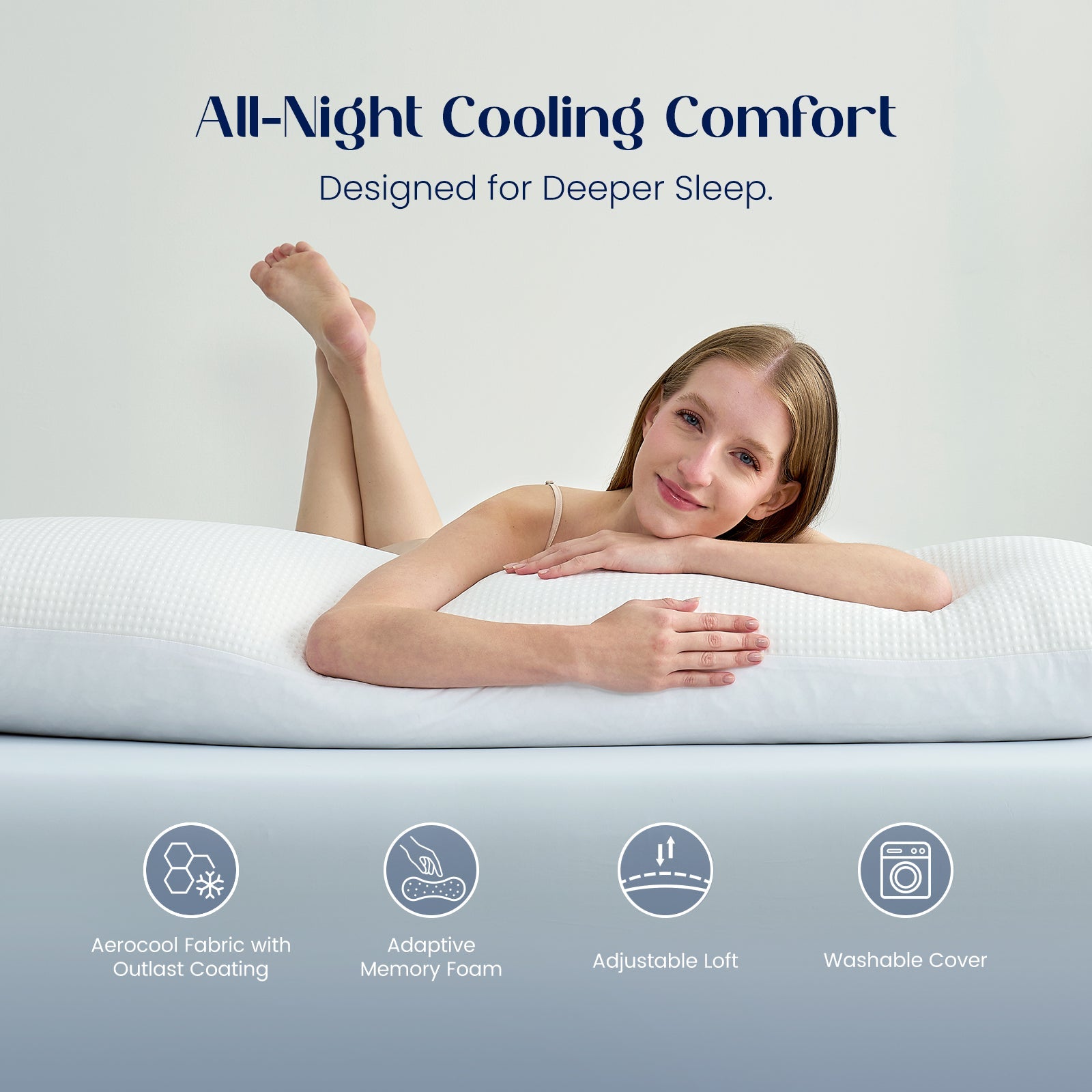 Women using cooling body pillow for all night clooling comfort.#color_White