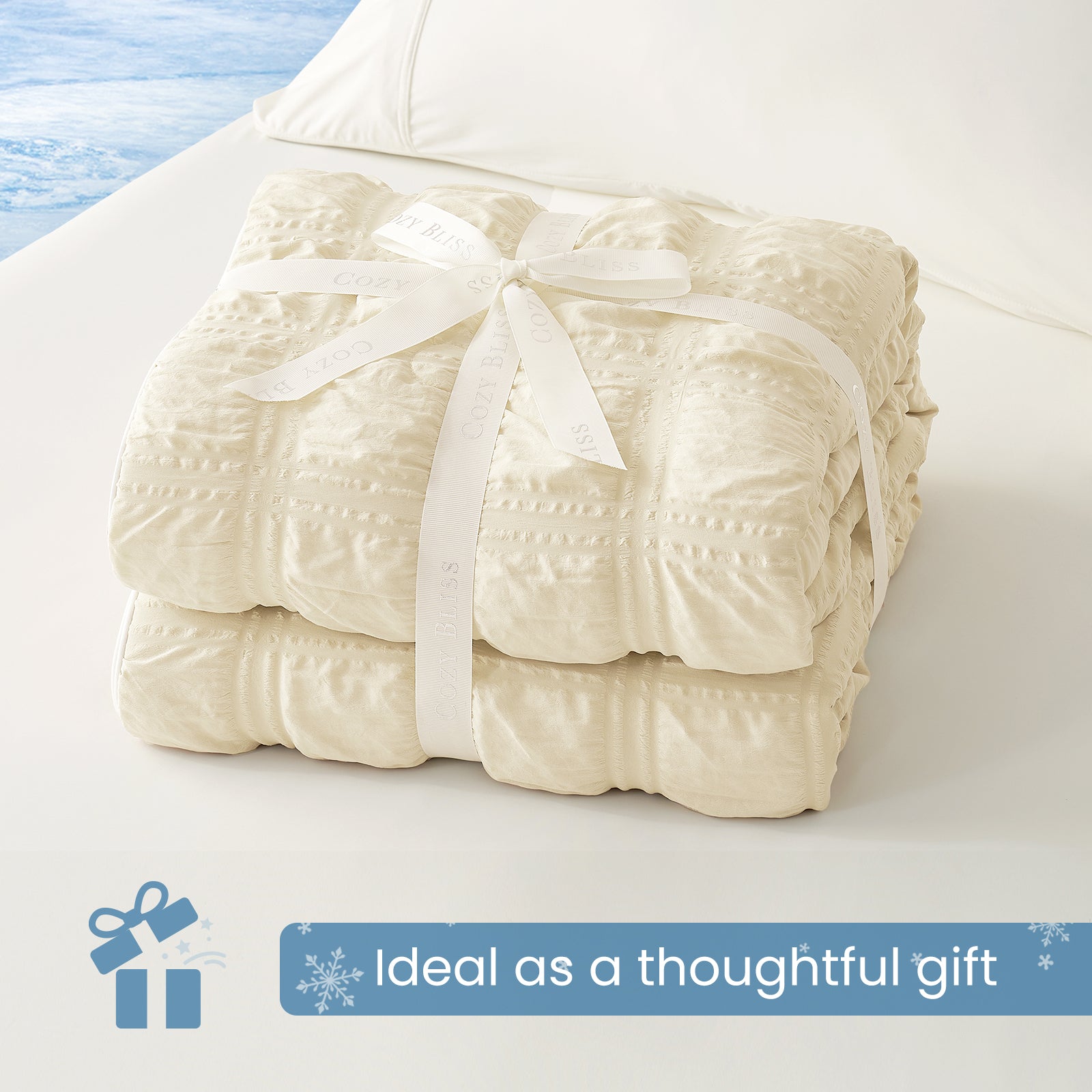 Cozy Bliss khaki cooling blanket gift wrapped for special occasions, soft and cozy present idea.#color_Khaki