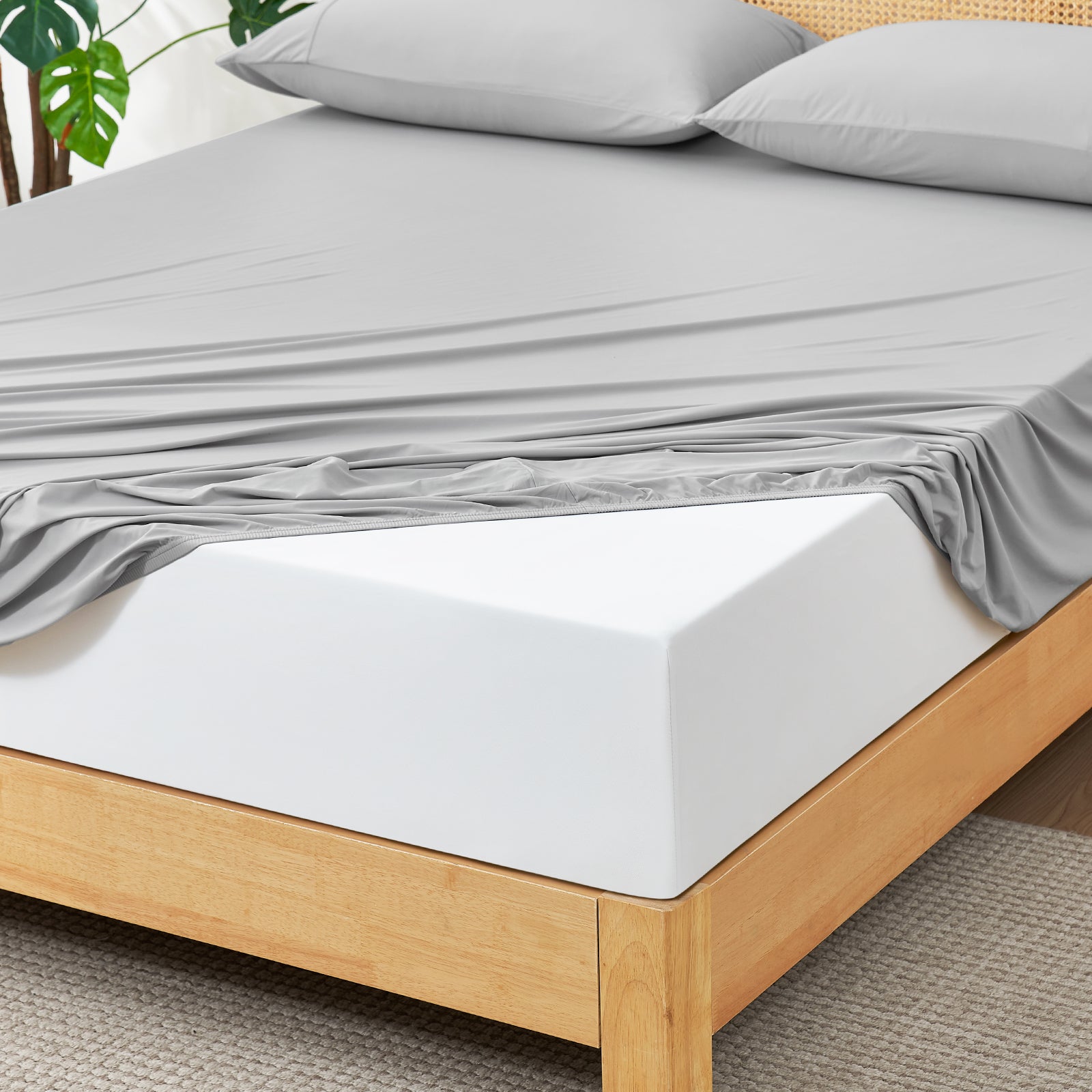 Gray cooling fitted sheet set on bed, soft and breathable for comfortable sleep #Color_Light Grey