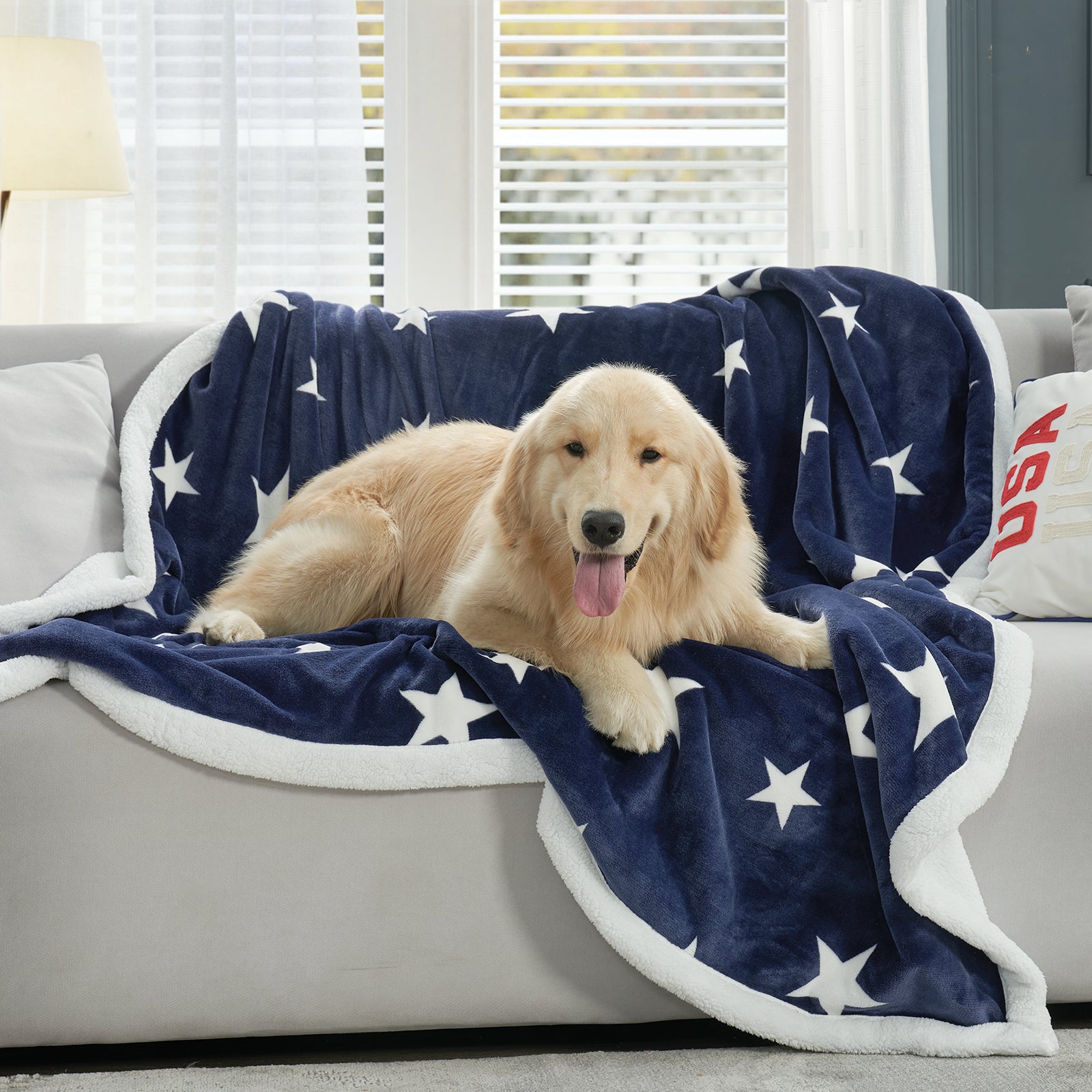 Reversible Sherpa Navy Blue Star Throw Blanket