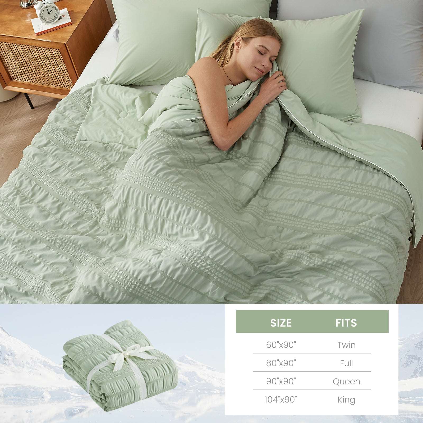 Mint seersucker cooling comforter, woman sleeping. Available sizes: Twin, Full, Queen, and King #color_Sage Green