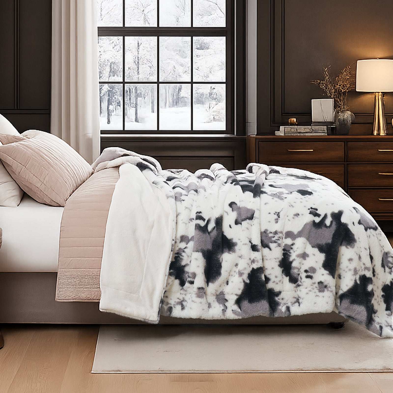 Cow Print Faux Fur Throw Blanket