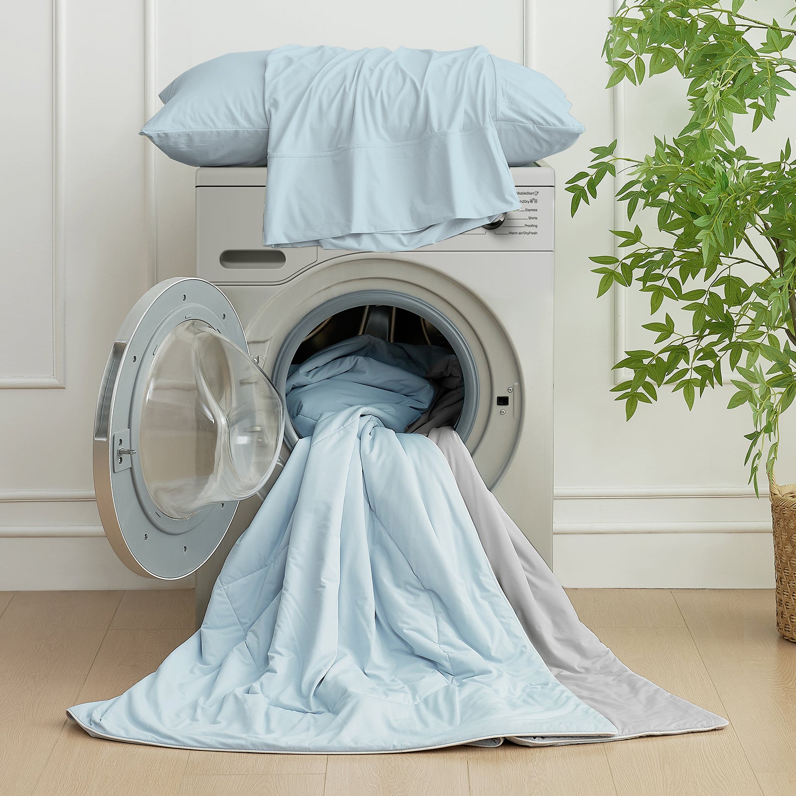 Cozy Bliss cooling comforter in light blue, washable and breathable bedding for hot sleepers #Color_GreyBlue