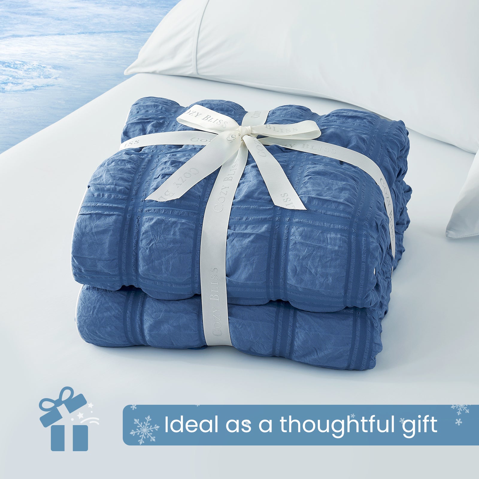 Cozy Bliss denim blue cooling blanket gift wrapped for special occasions, soft and cozy present idea.#color_Denim Blue
