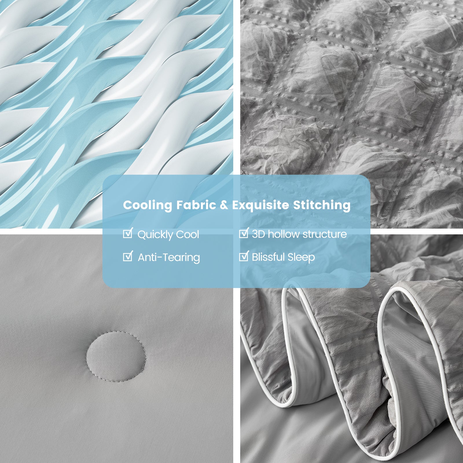 Collage of fabric textures with text highlighting features like cooling fabric and exquisite stitching. #color_Dark Gray