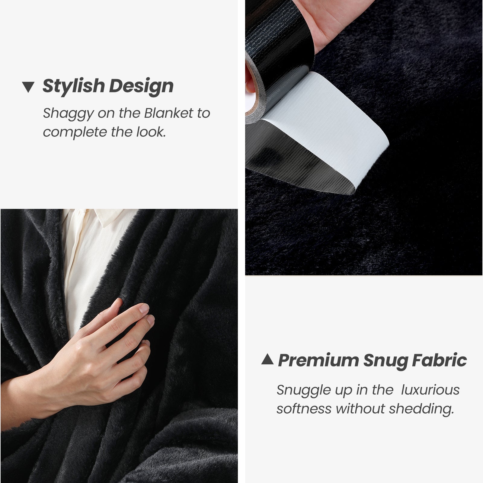 Black blanket with text highlighting stylish design and premium snug fabric. #color_Black