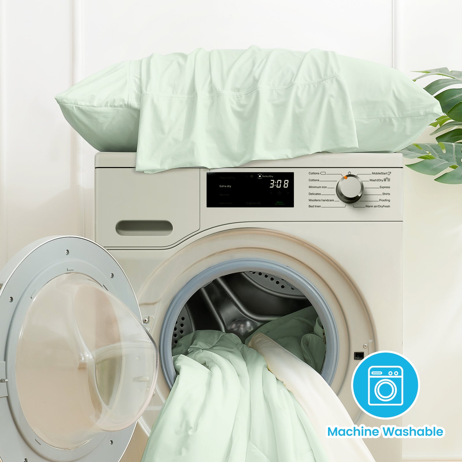 Mint green cooling pillowcase set is machine washable for easy care and year-round comfort. #color_Green