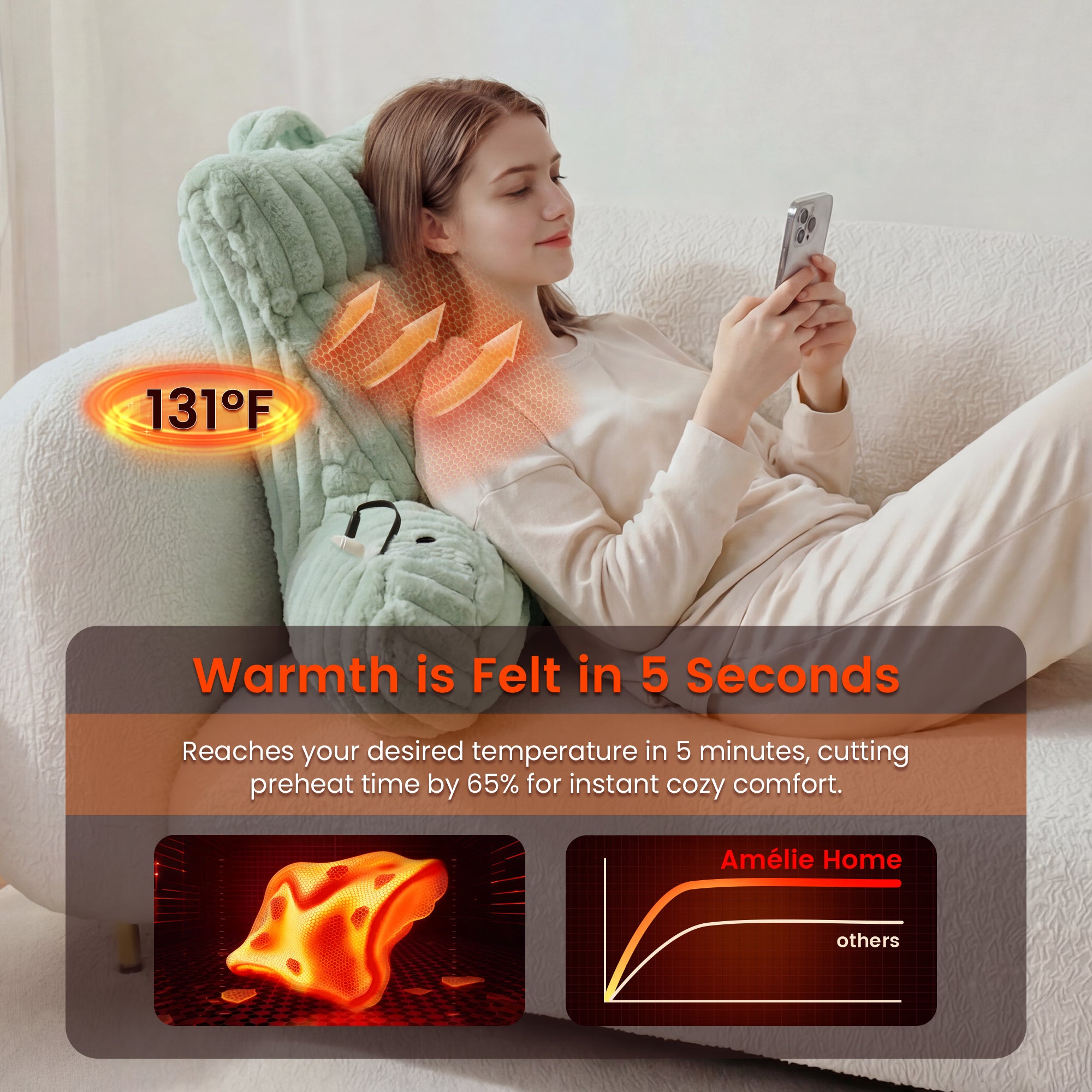 Woman leaning on a heated backrest pillow, holding a phone, with text about quick warmth.#color_Sage Green