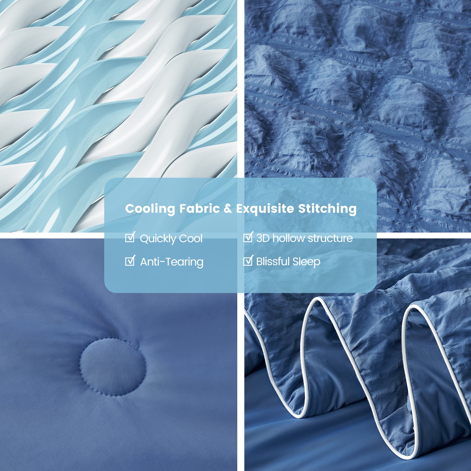 Collage of blue fabric with stitching details and text highlighting features. #color_Denim Blue