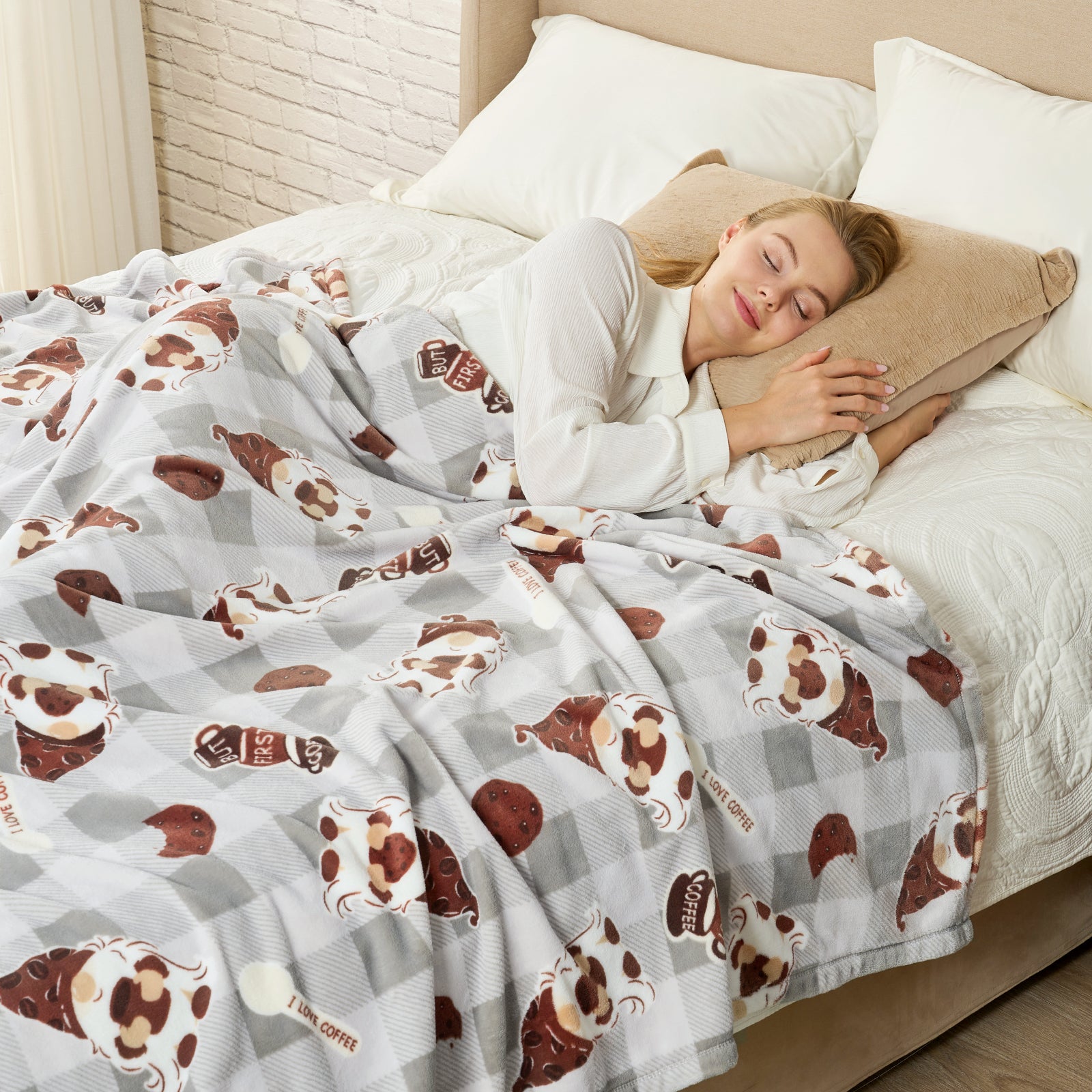 Woman sleeping under a blanket with cow pattern on a bed #color_Coffee Gnome Grey