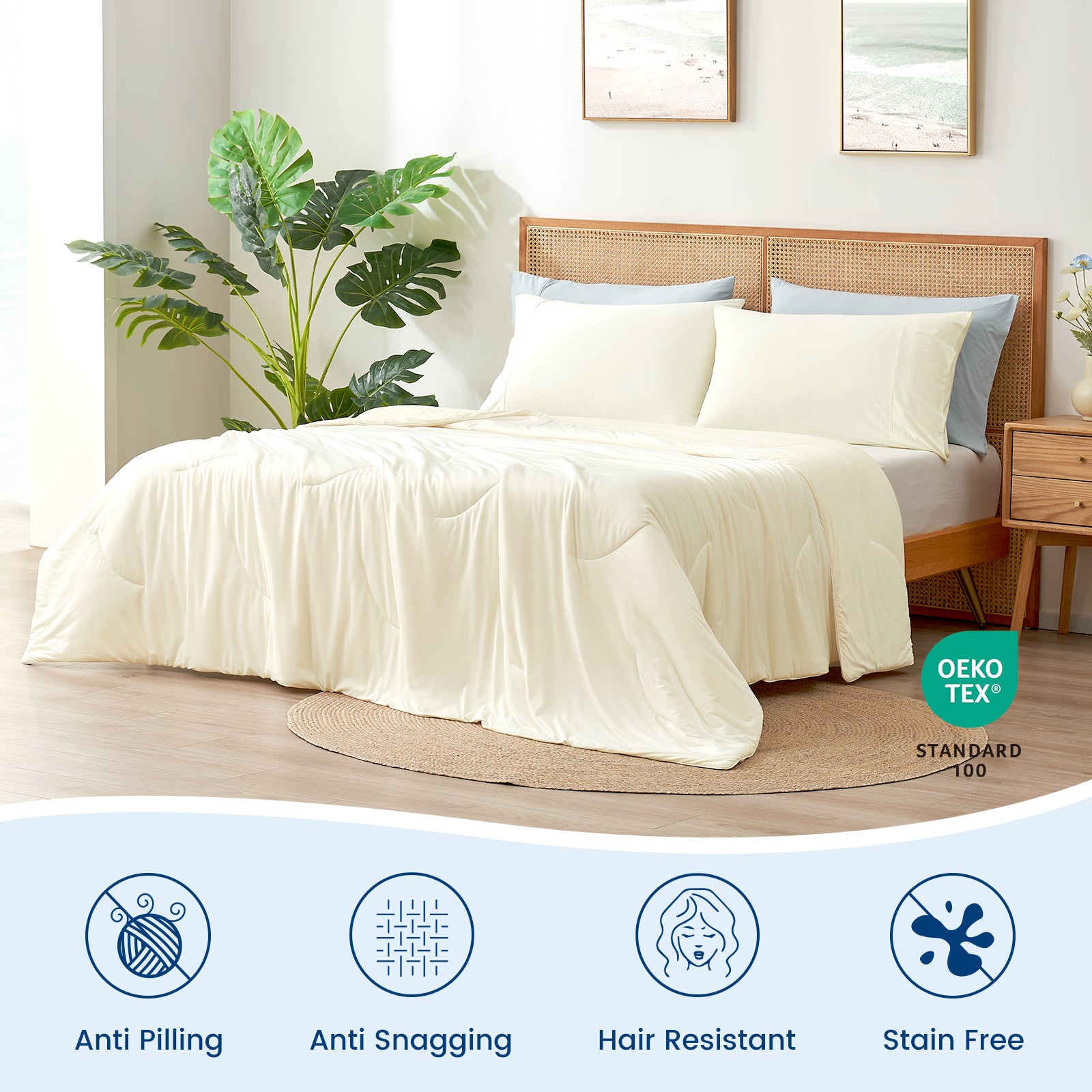 Cozy Bliss cooling comforter on bed. OEKO-TEX, Anti Pilling, Anti Snagging, Hair Resistant, Stain Free #Color_Snow Ivory