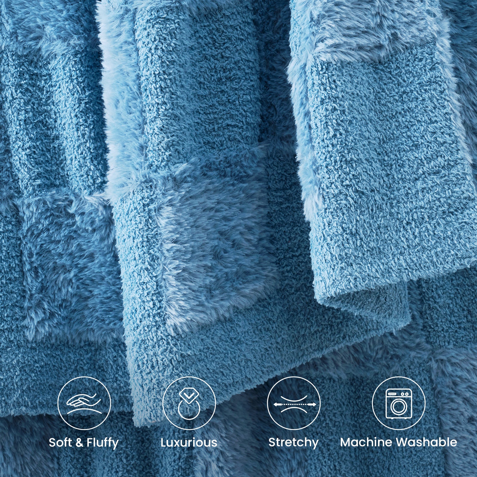 Close-up of Checkered Faux Fur Feather Yarn Throw Blanket in blue showcasing ultra soft faux fur texture with lightweight, stretchy and machine washable features. #Color_Misty Blue