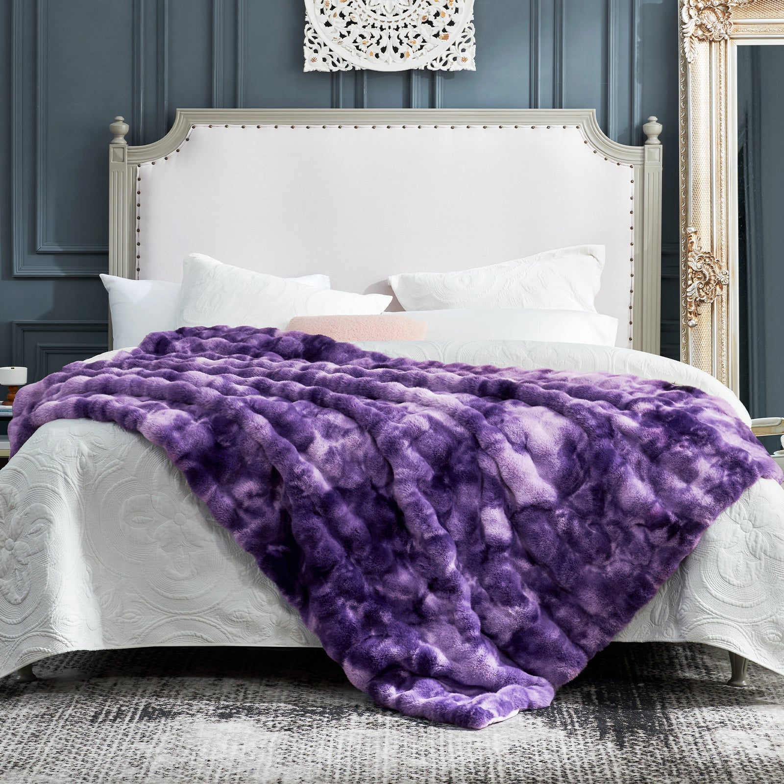 Cozy Bliss purple tie-dye faux fur throw blanket on bed, soft and cozy blanket #color_Tie-dye Purple