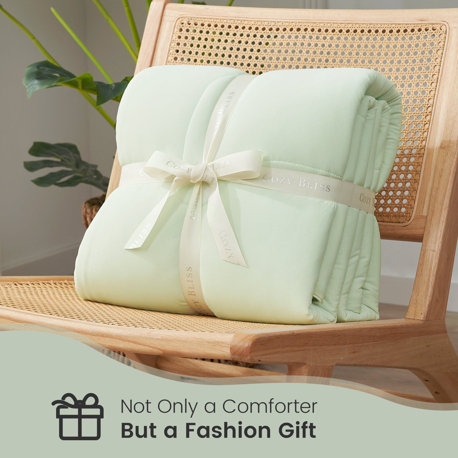 Cozy Bliss cooling comforter, mint green, tied with ribbon, a fashion gift for cozy bedding #color_Mint Green