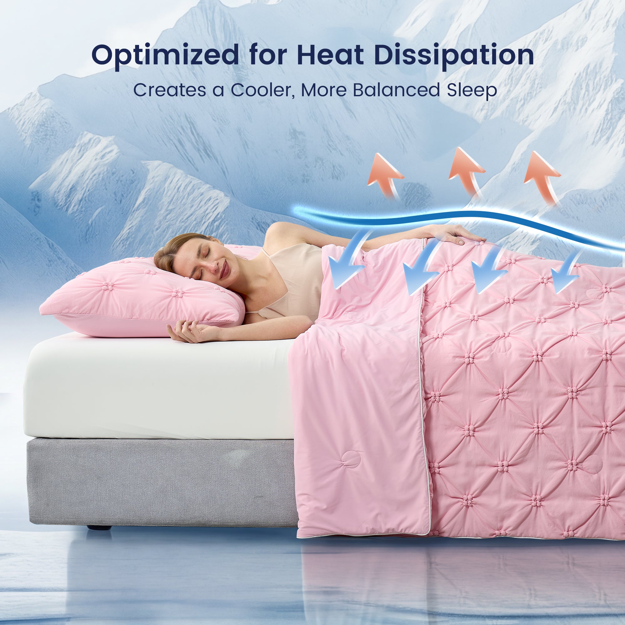 Woman sleeping under a pink comforter. #Color_Pink