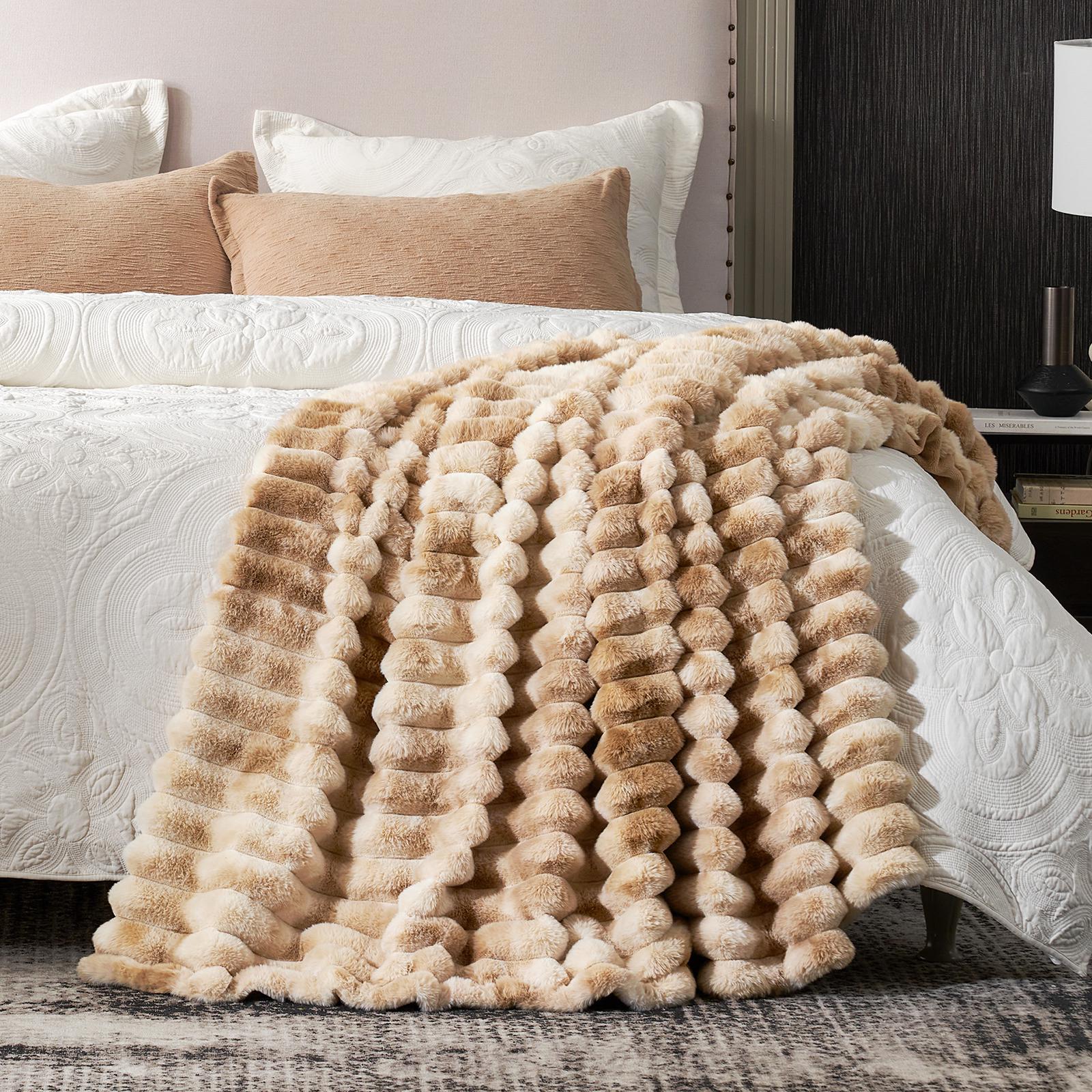 Cozy Bliss beige striped faux fur throw blanket on a bed. Ultra-soft and cozy, perfect for layering. #color_Tie-dye Khaki