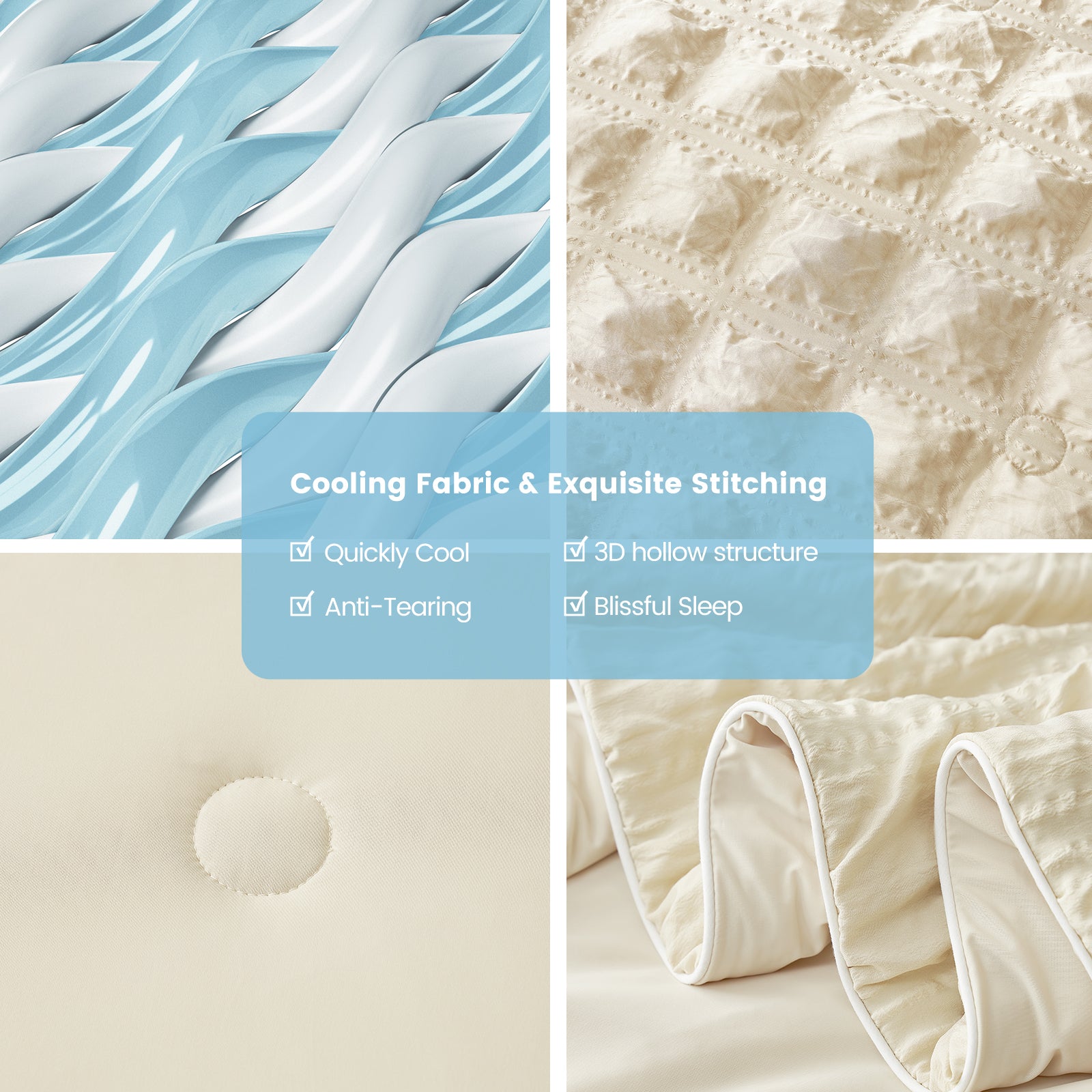 Collage of cooling fabric and stitching details with text on a white background #color_Khaki