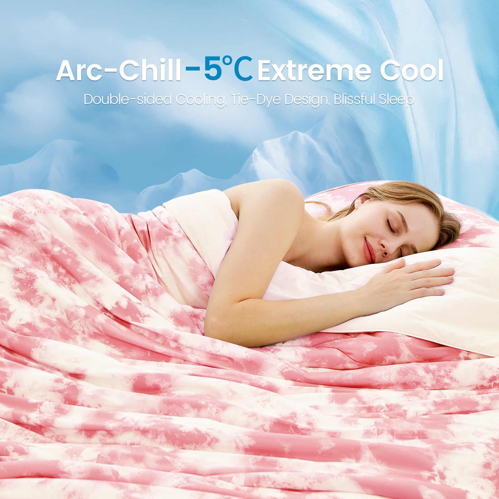 Cozy Bliss Tie-dye cooling comforter, woman sleeping, Arc-Chill fabric for cooling sleep #color_Tie Dye Pink