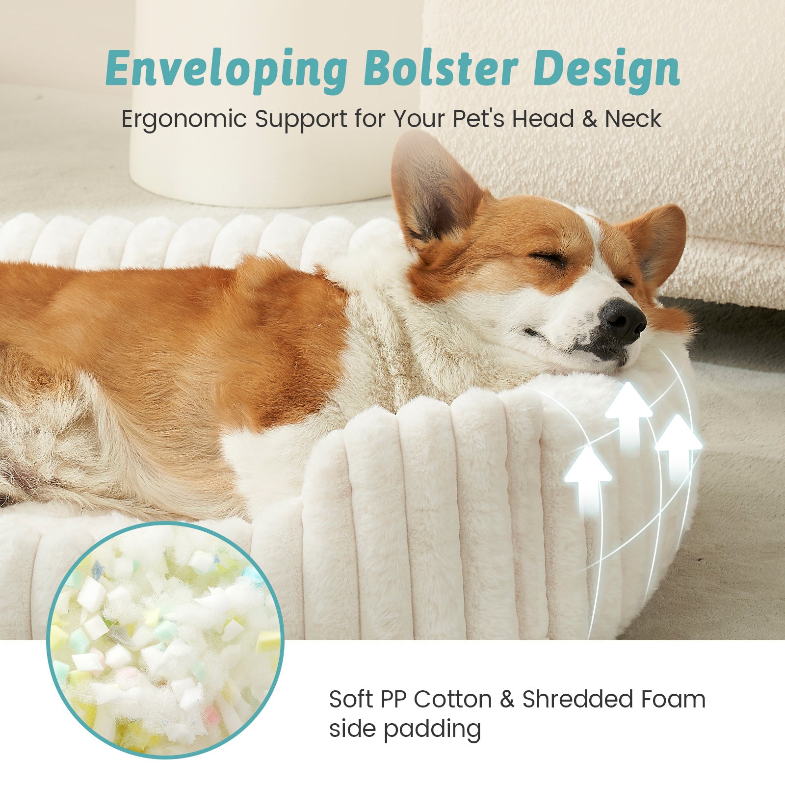 Dog resting on a plush pet bed with text highlighting its enveloping bolster design and filling.#color_Cream White