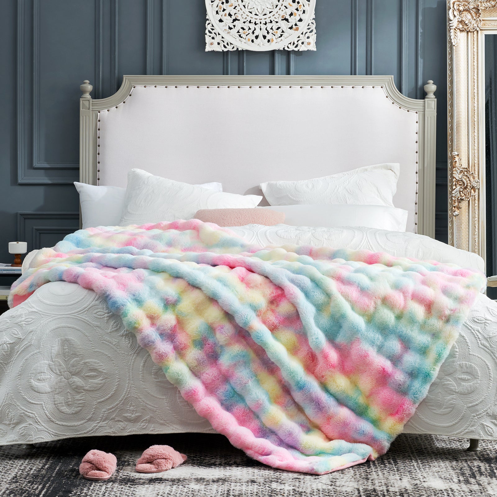 Cozy Bliss tie-dye faux fur throw blanket on bed, a soft and cozy blanket #color_Tie-dye Rainbow