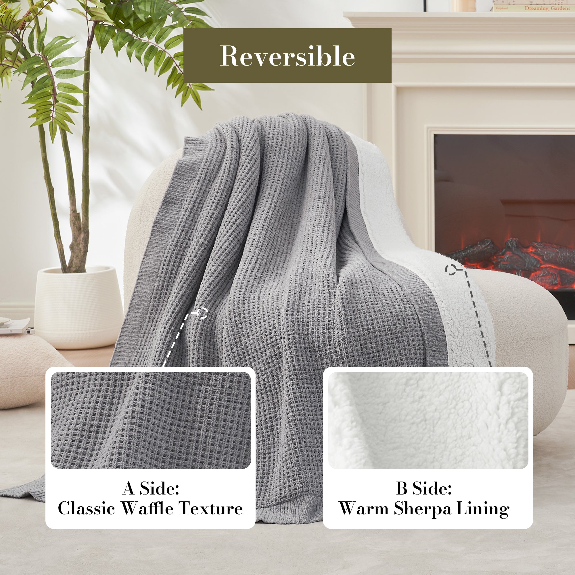 Reversible Waffle Chenille Sherpa Knit Throw Blanket