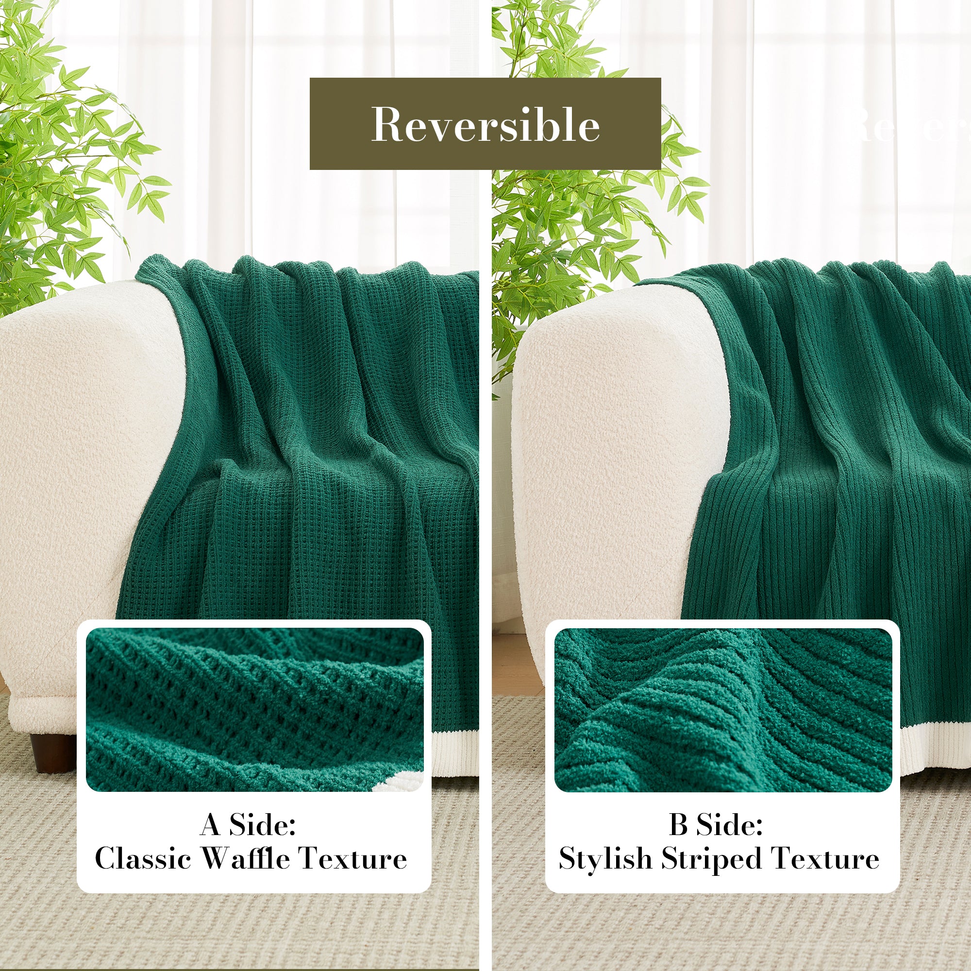 Green reversible blanket shown on a couch with close-up details of textures. #color_Green